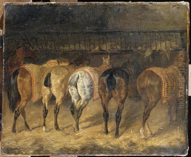Cinq chevaux vus par la croupe Oil Painting by Theodore Gericault