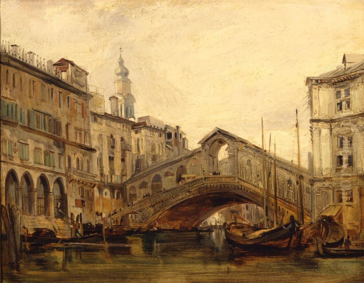 Gezicht op het Canal Grande en de Rialto-brug te Venetie Oil Painting by Richard Parkes Bonington