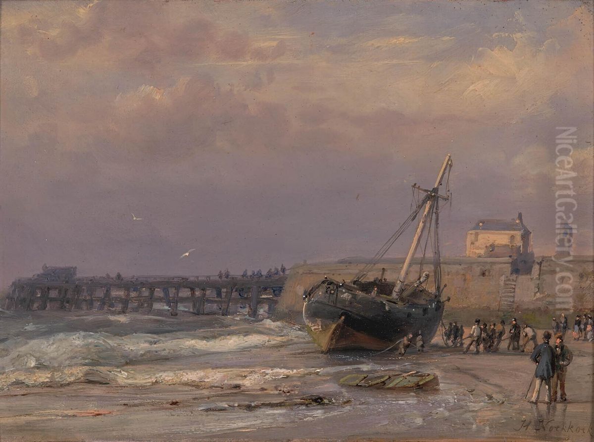 Havenhoofd met vissersboot Oil Painting by Hermanus Koekkoek