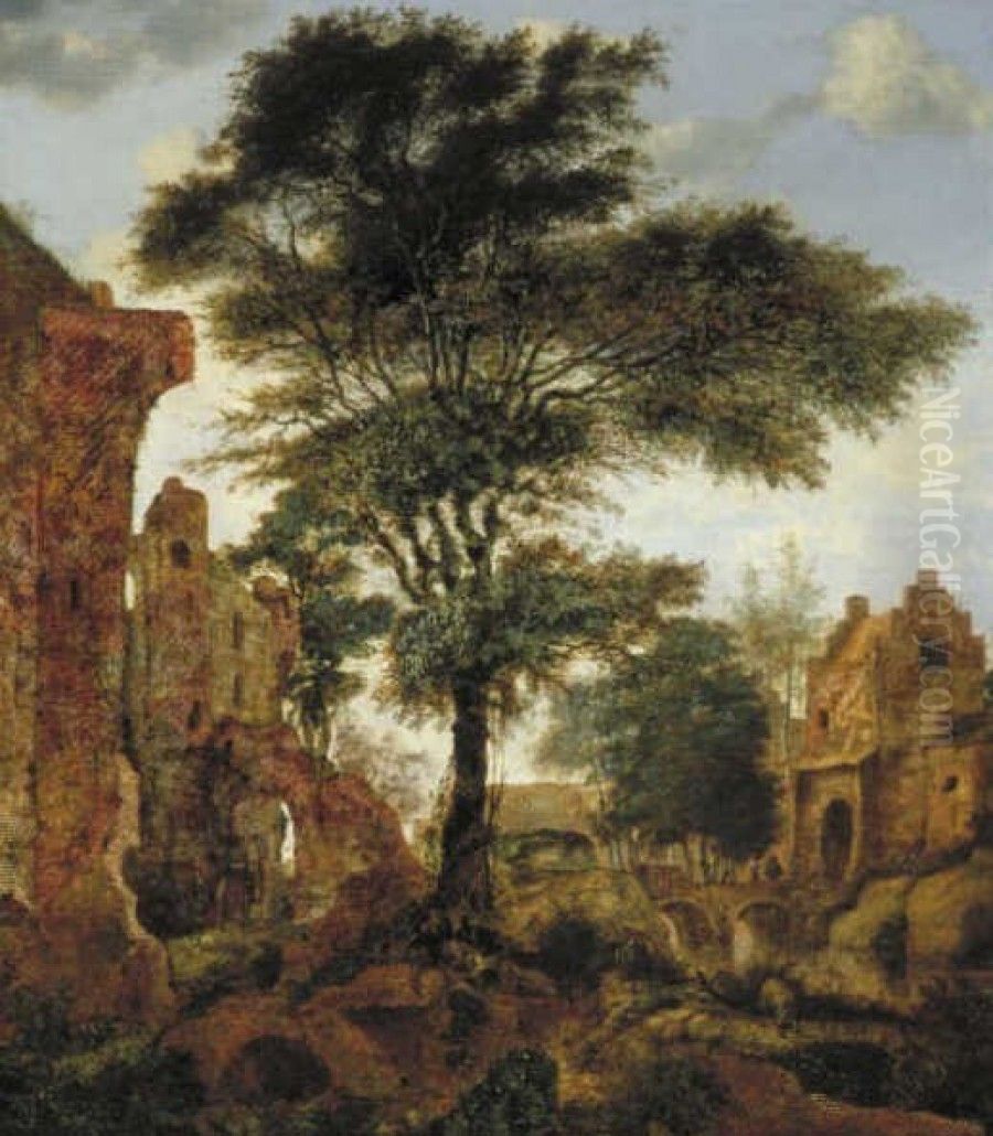 A Castle Ruin Oil Painting by Jan Van Der Heyden