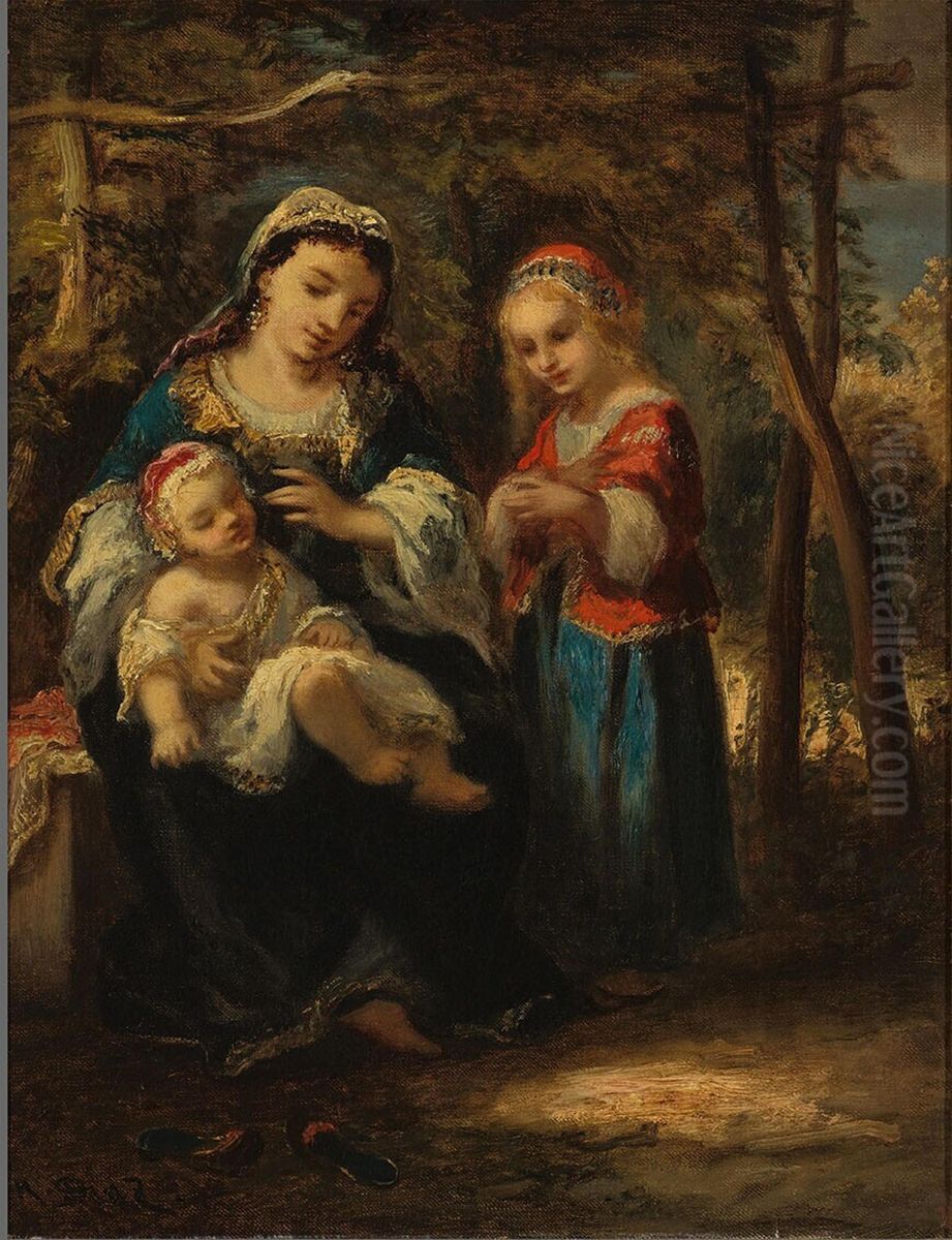 Moeder met twee kinderen Oil Painting by Narcisse Virgilio Diaz