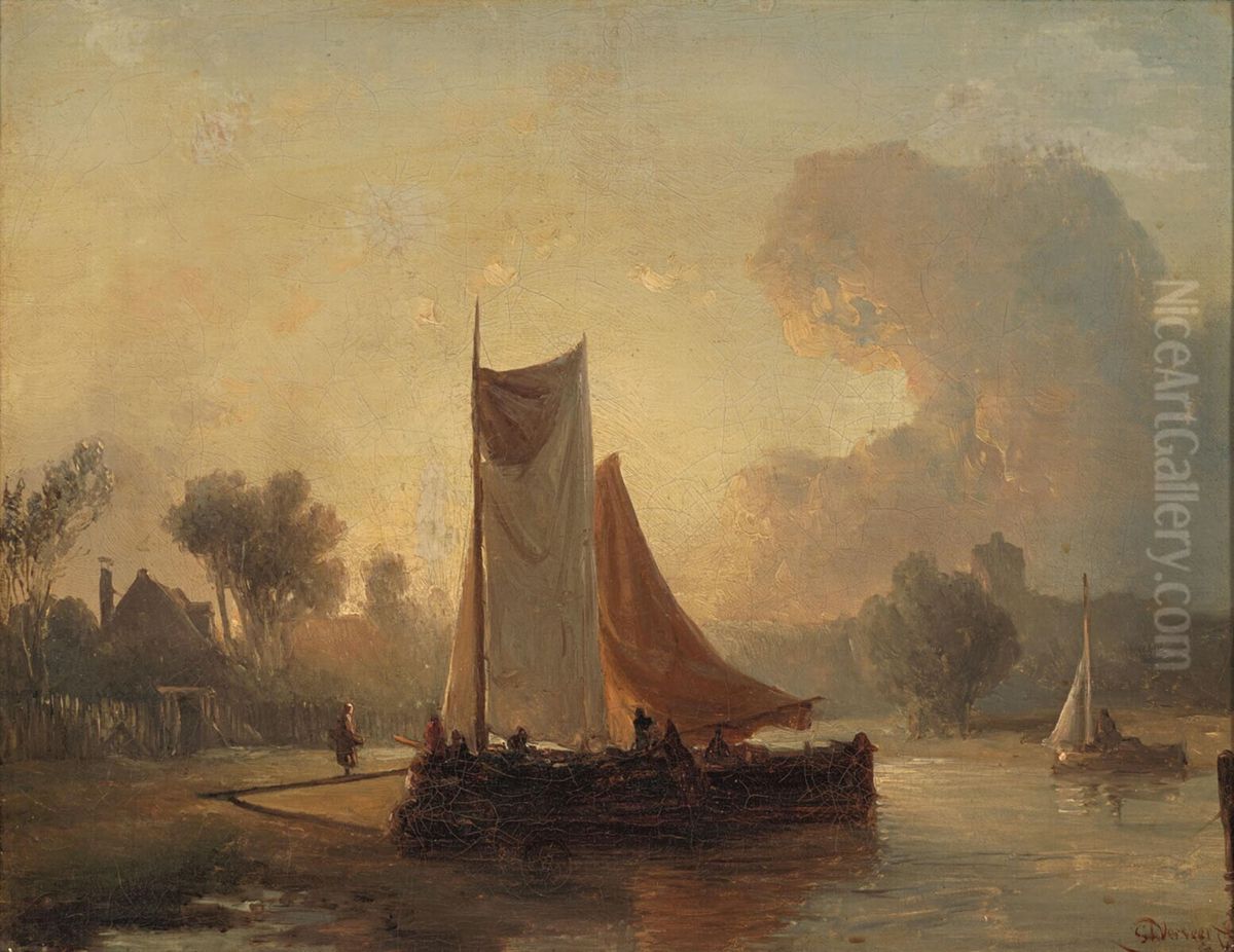 River Bank with a Mooring Boat Oil Painting by Solomon Leonard Verveer