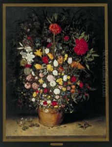 Stilleven met bloemen in een kuip
