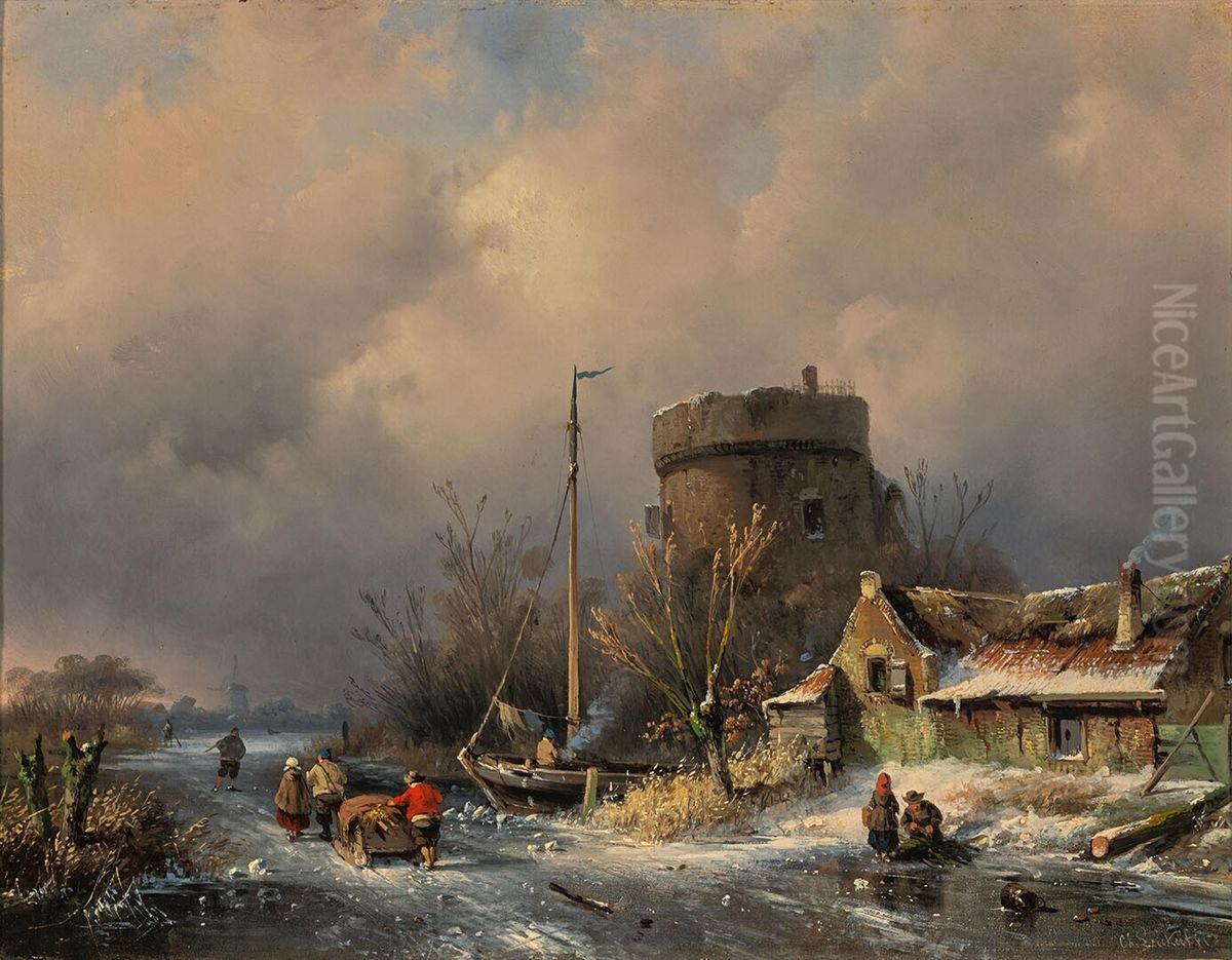 WInter Landscape With Round Tower and a Farm near a Frozen Canal Oil Painting by Charles Henri Leickert