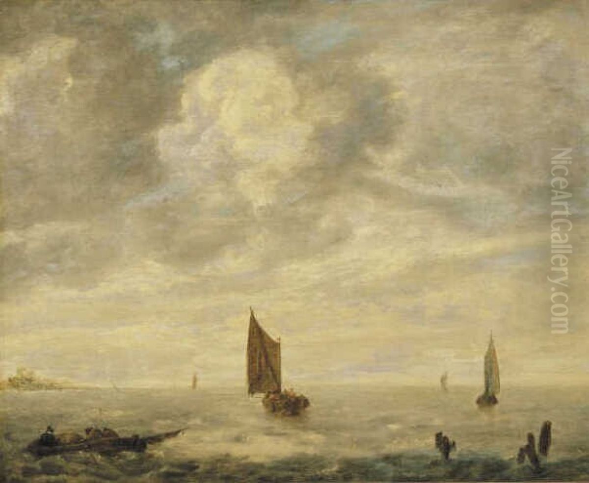 Woelige rivier met zeilschepen Oil Painting by Jan Van De Cappelle