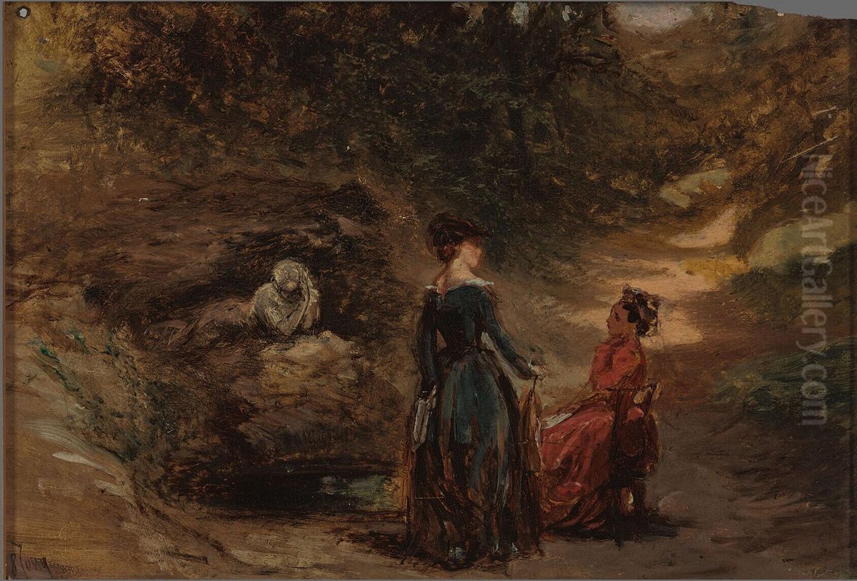 Zandweg met twee vrouwen bij een sculptuur Oil Painting by Charles Rochussen