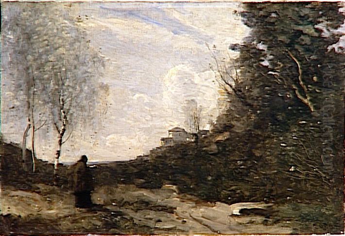 La Muse rustique, dit aussi La bergere, ou a tort:Moine lisant dans un paysage. Oil Painting by Jean-Baptiste Camille Corot