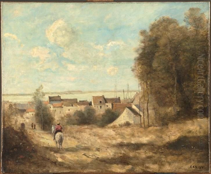Entree de village, dit aussi Village au bord de la mer. Oil Painting by Jean-Baptiste Camille Corot