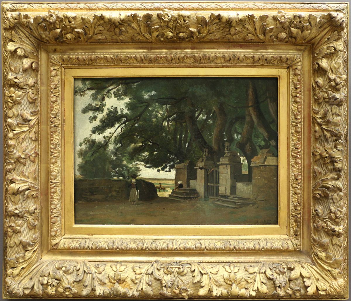 Paysage breton : une grille ombragee par de grands arbres. Oil Painting by Jean-Baptiste Camille Corot