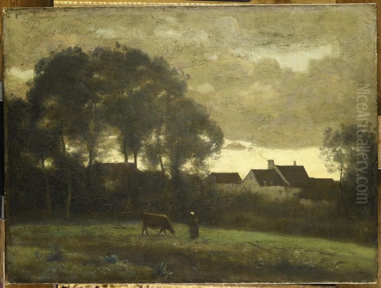 Vachere dans un pre au soleil couchant.Donation Etienne Moreau-Nelaton, 1906. Oil Painting by Jean-Baptiste Camille Corot