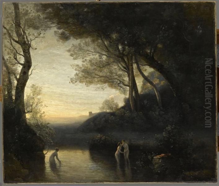 Les baigneuses de Bellinzona. Effet du soir. Oil Painting by Jean-Baptiste Camille Corot