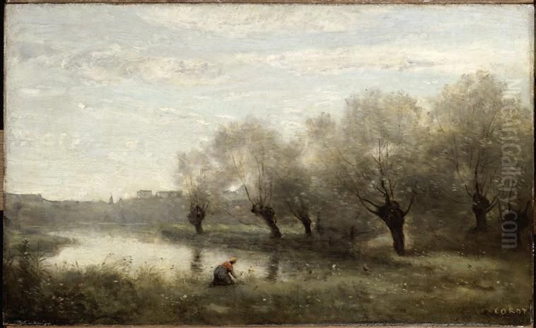 Saulaie a la pointe d'un marais. Oil Painting by Jean-Baptiste Camille Corot