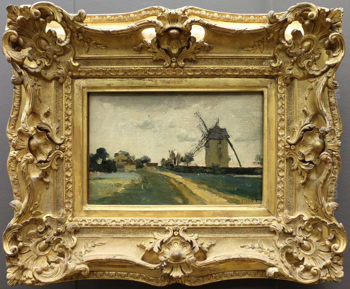 Moulins a vent jumeaux sur la butte de Picardie (environs de Versailles). Oil Painting by Jean-Baptiste Camille Corot