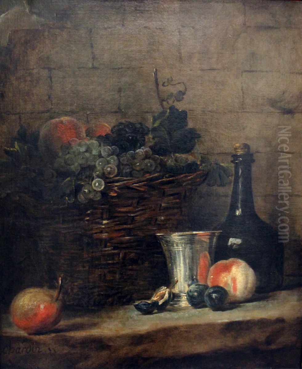 Panier de raisins, gobelet d'argent et bouteille Oil Painting by Jean-Baptiste-Simeon Chardin