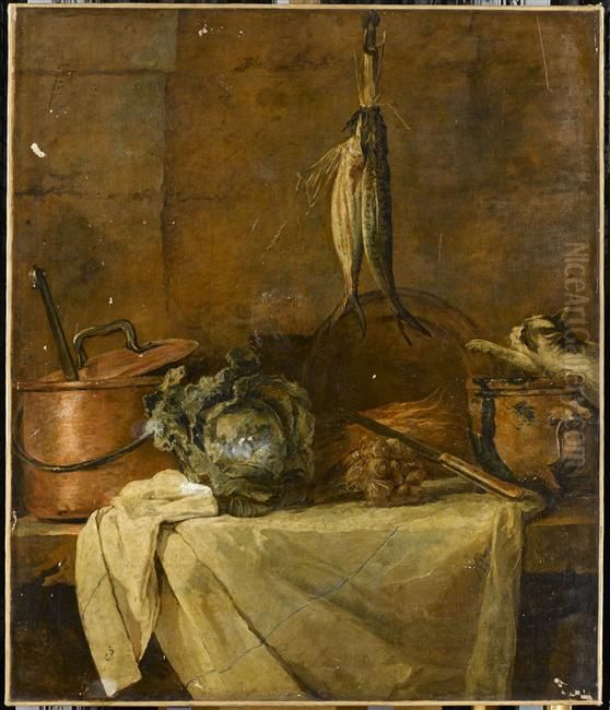 La Table de cuisine, dit aussi Le Larron en bonne fortune, ou Les Harengs avec chat. Oil Painting by Jean-Baptiste-Simeon Chardin