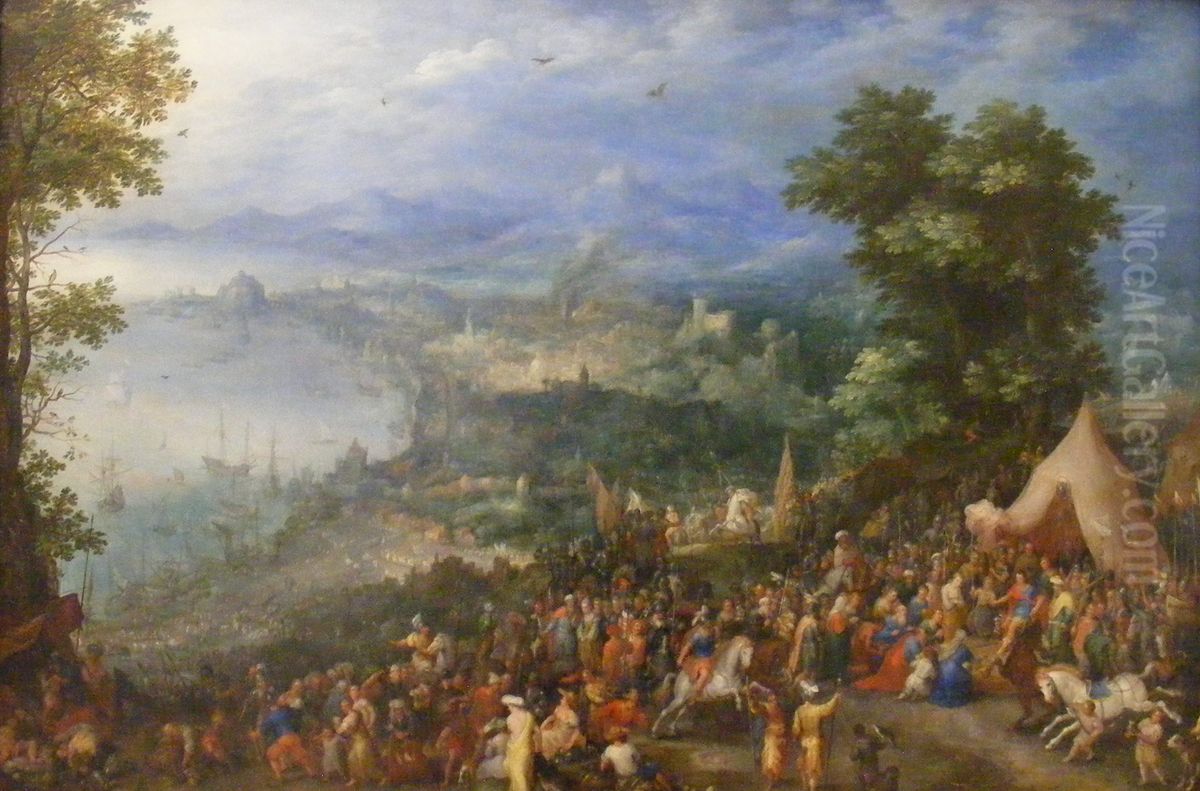 View of a Port city Oil Painting by Jan Brughel