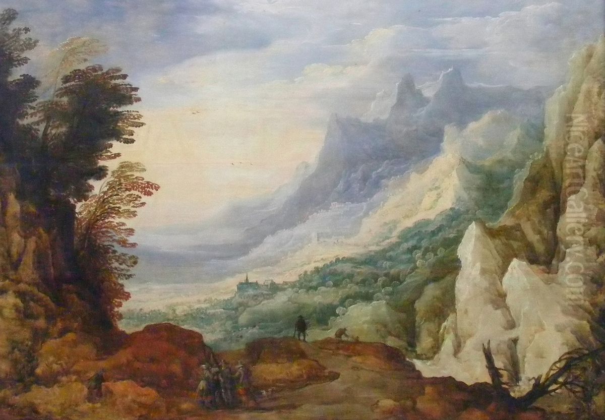 Felslandschaft mit Blick auf Kirche im Tal Oil Painting by Joos de Momper the Younger