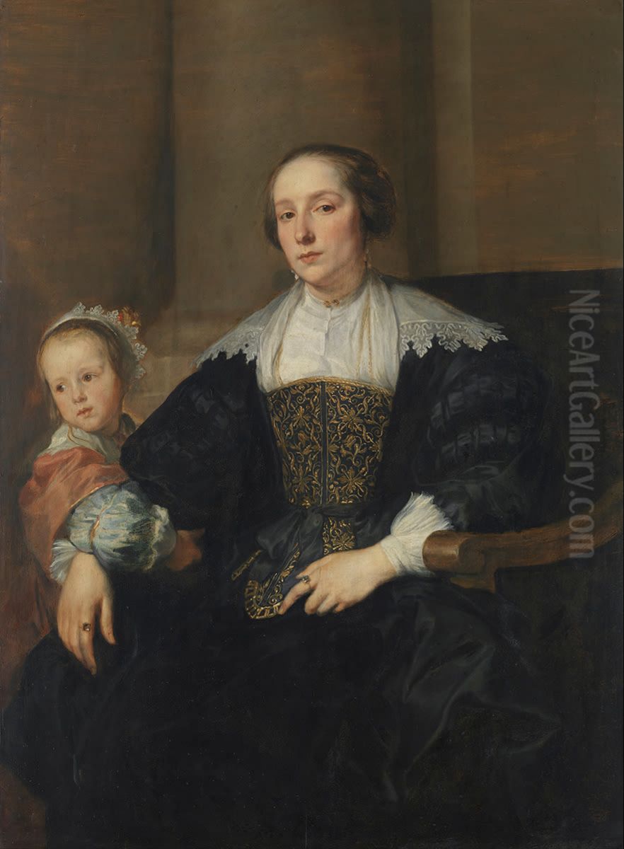 Bildnis der Anna van Thielen, Gattin des Malers Theodoor Rombouts, mit ihrer Tochter Anna Maria Oil Painting by Sir Anthony Van Dyck