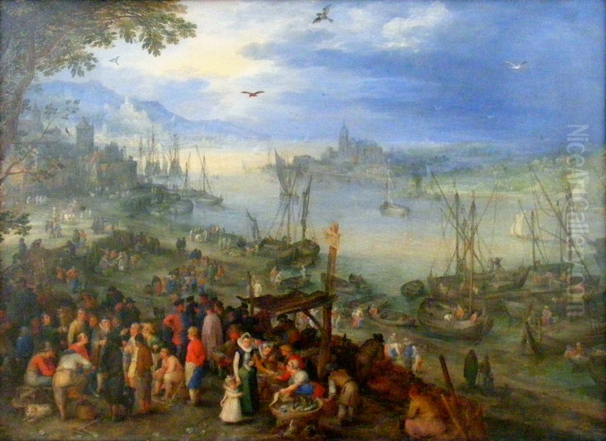 Fish market on the banks of a river Oil Painting by Jan Brughel