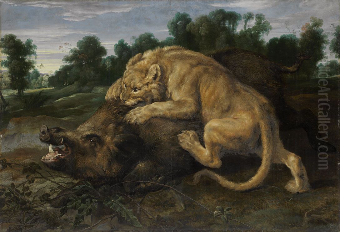 Eine Lowin schlagt ein Wildschwein Oil Painting by Frans Snyders