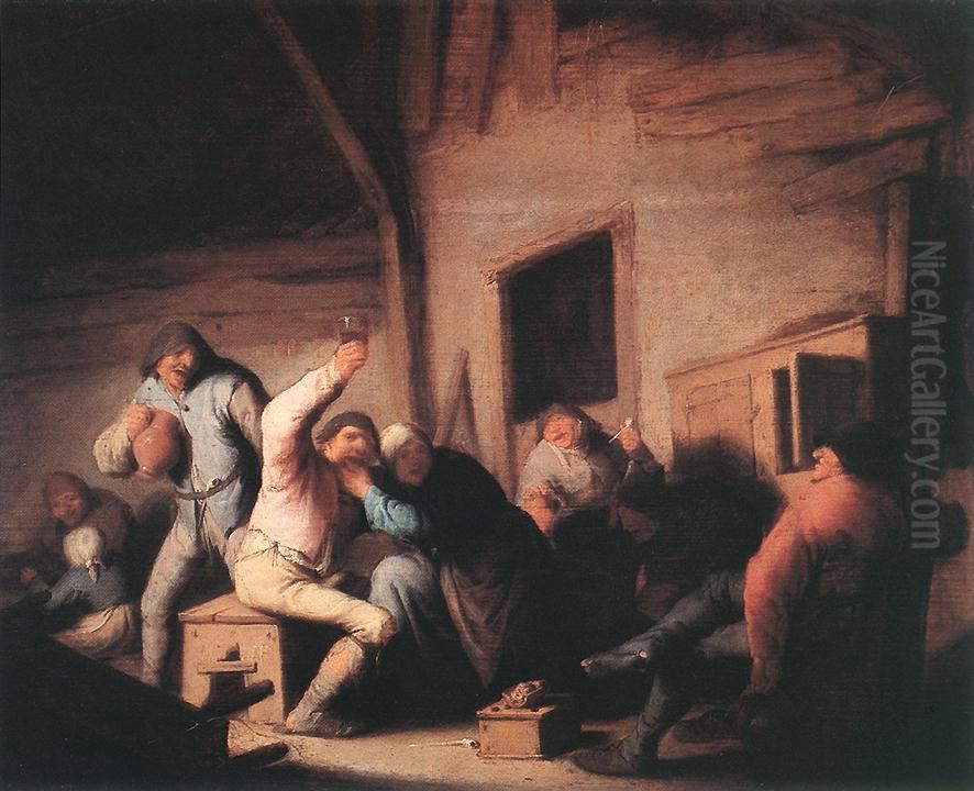 Carousing peasants in a tavern Oil Painting by Adriaen van Ostade