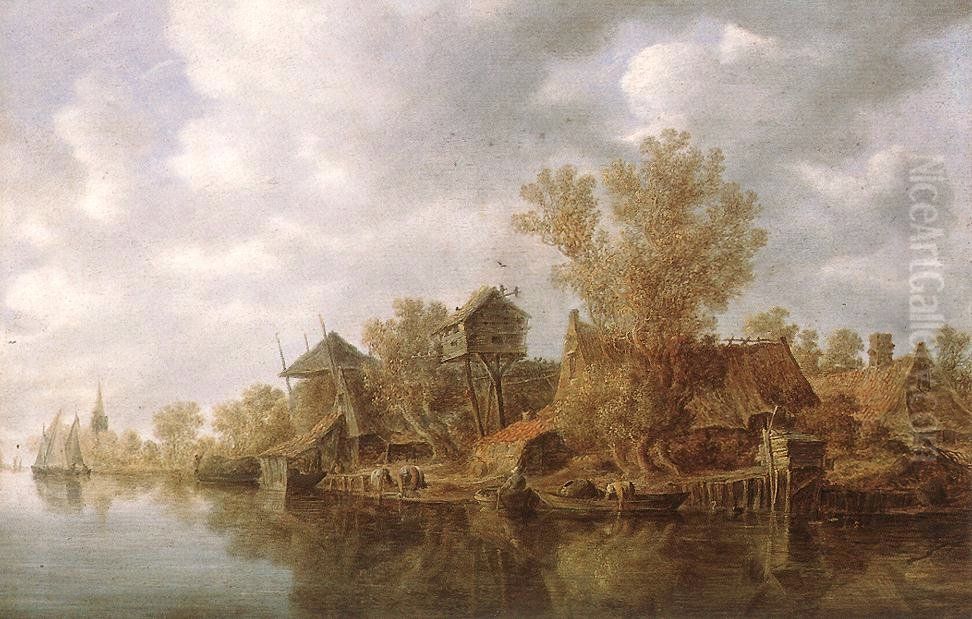 Bauerngehofte am Fluss Oil Painting by Jan van Goyen