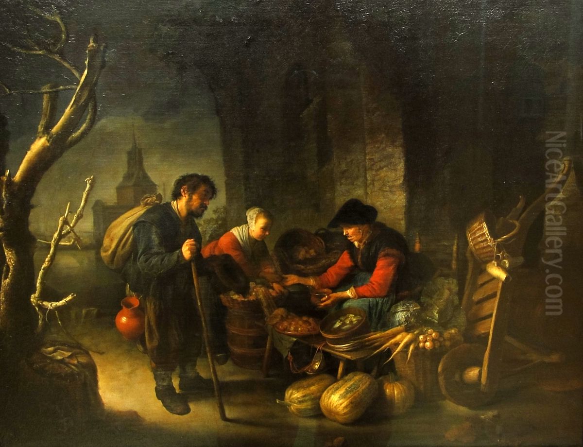 The Herring Woman and the Beggar Oil Painting by Gerrit Dou