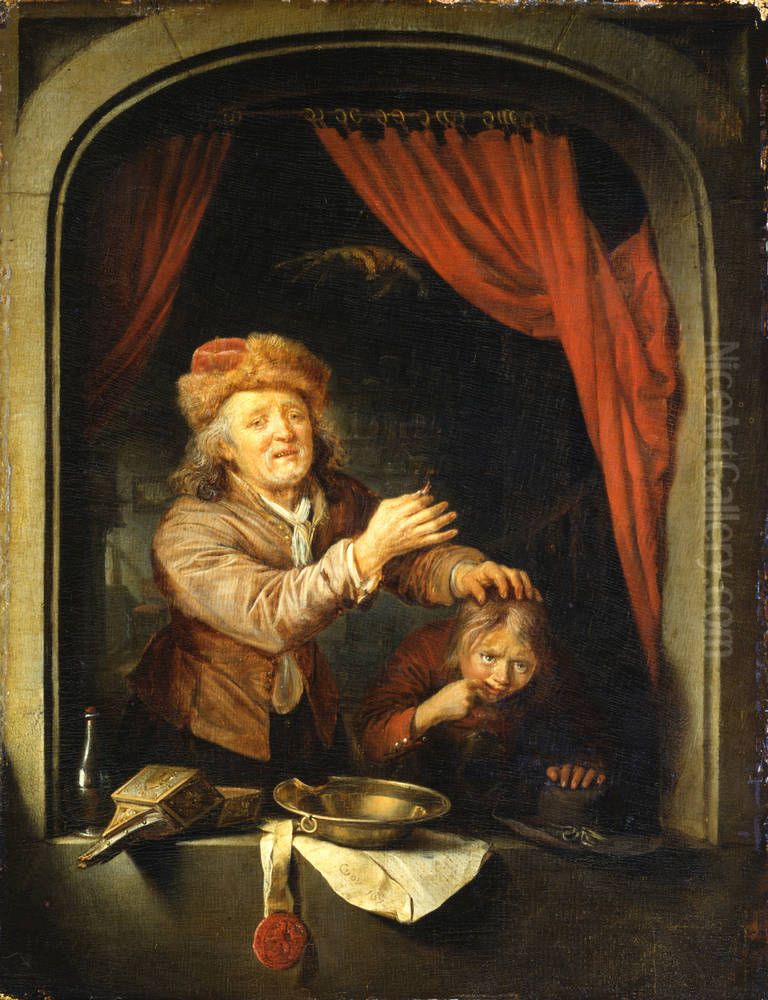 A tooth-drawer holding up a tooth after extracting it from a patient Oil Painting by Gerrit Dou