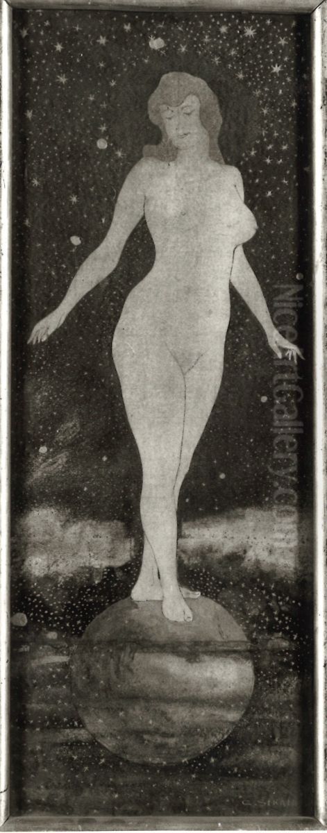 Die Nacht (Weiblicher Akt auf Kugel) Oil Painting by Carl Strathmann