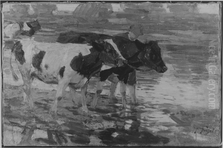 Bauer mit Rindern in der Schwemme Oil Painting by Heinrich Johann Von Zugel