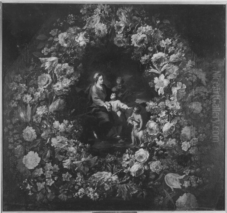 Heilige Familie mit Johannesknaben im Blumenkranz Oil Painting by Anton Domenico Gabbiani