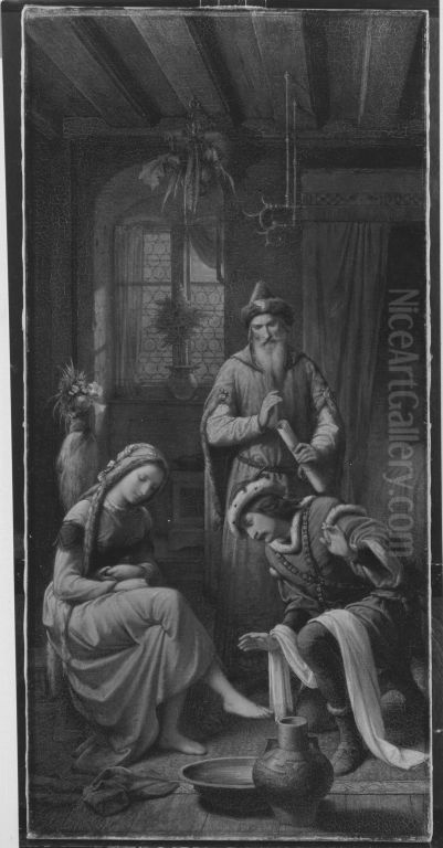 Pippin wascht Berta die Fusse (Triptychon, rechter Flugel) Oil Painting by Leopold Bode