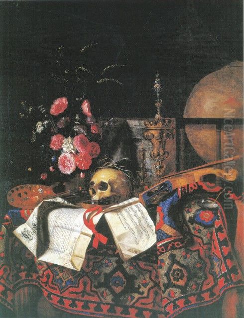 Vanitas still life with bouquet of flowers, painters palette, globe, violin and acorn cup Oil Painting by Cornelis Norbertus Gijsbrechts