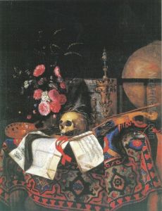 Vanitas still life with bouquet of flowers, painters palette, globe, violin and acorn cup