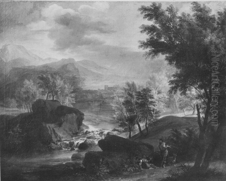 Landschaft mit Seestadtchen und Wasserfall Oil Painting by Franz Joachim Beich