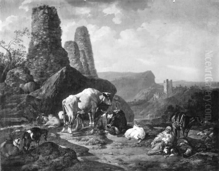 Landschaft mit Vieh und Ruinen Oil Painting by Johann Heinrich Roos