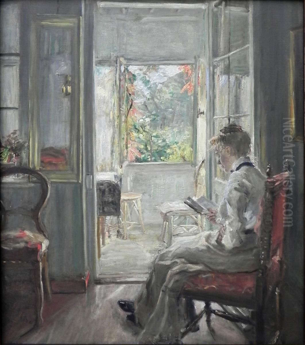 Lesendes Madchen / In der Verandatur Oil Painting by Fritz von Uhde