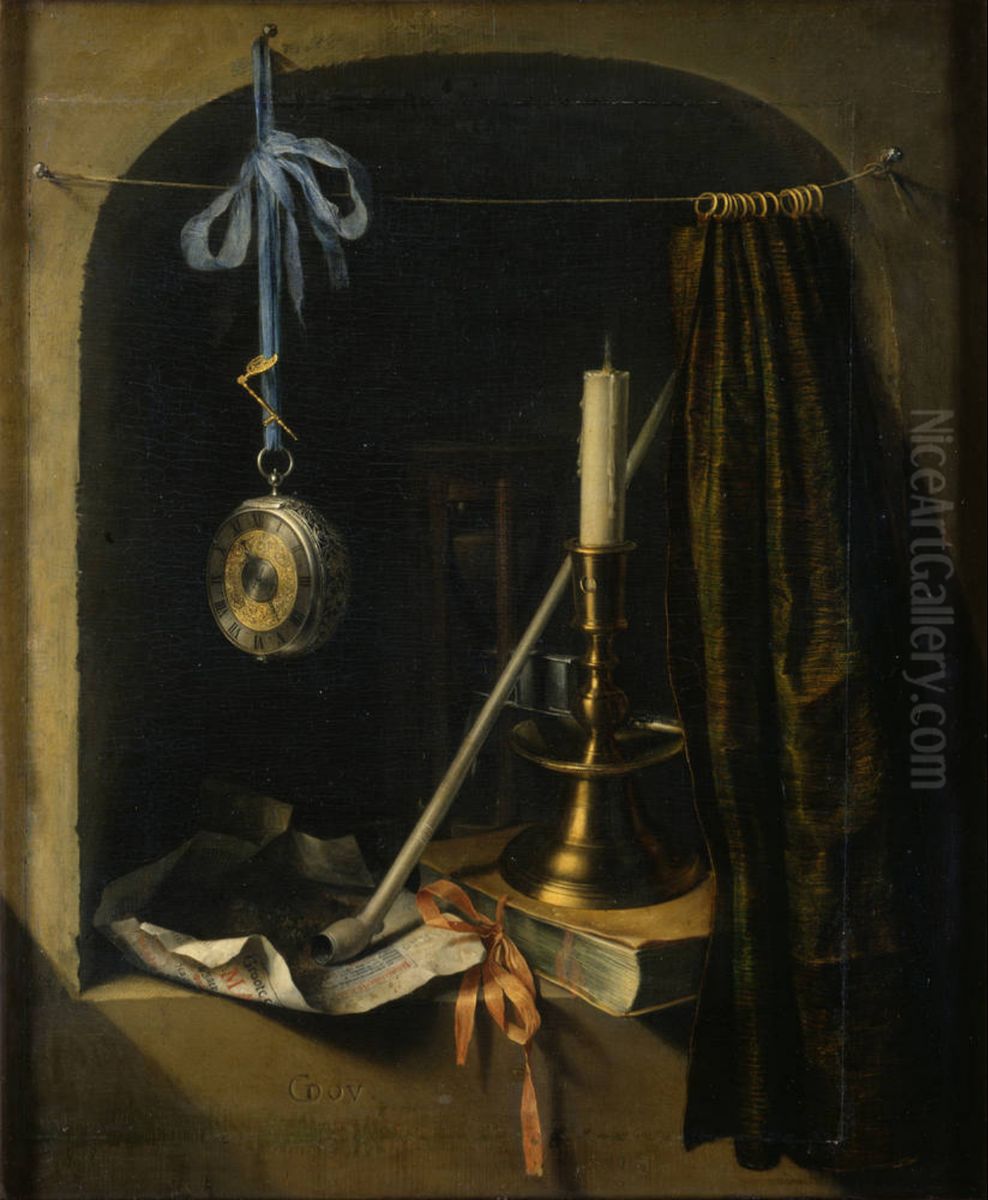 Still life with candle and watch Oil Painting by Gerrit Dou