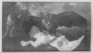 Stillleben mit Adler, Hund und totem Schwan