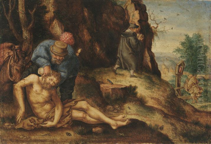 Der barmherzige Samariter pflegt den Verletzten Oil Painting by Heinrich Aldegrever
