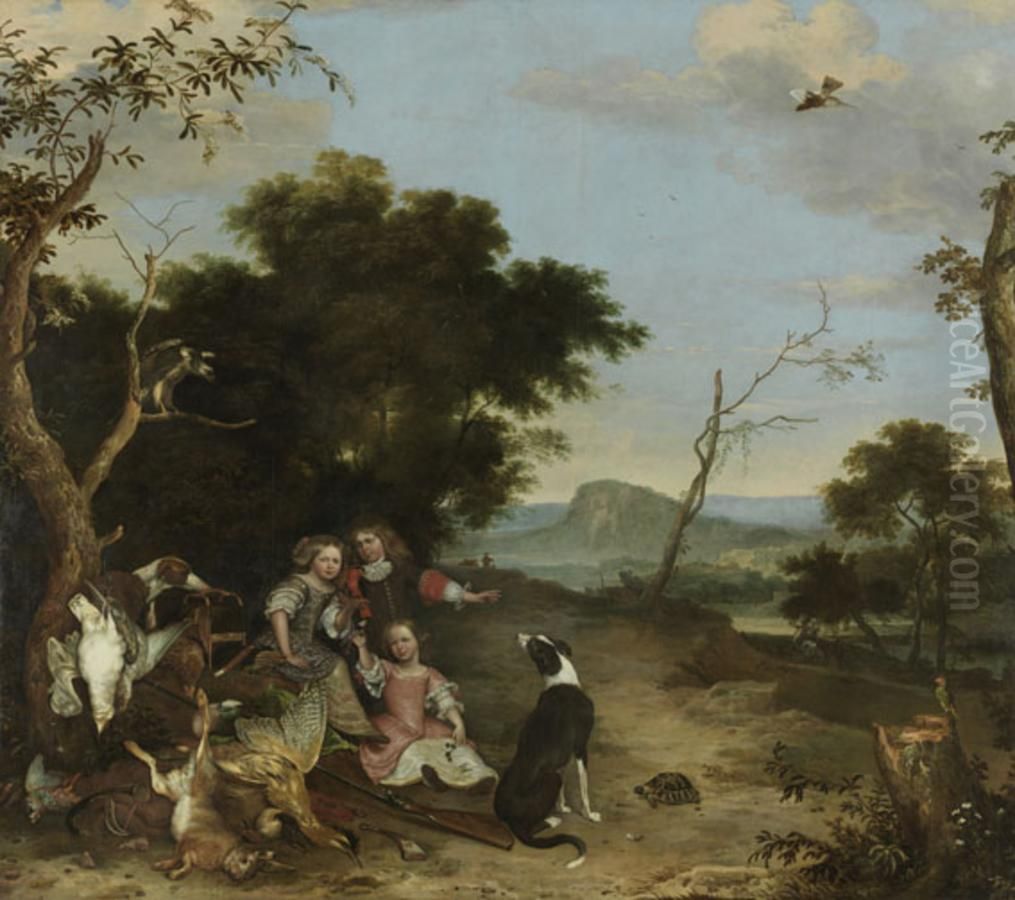 Bildnis von drei Kindern in einer Landschaft mit Jagdbeute Oil Painting by Melchior D'Hondecoeter