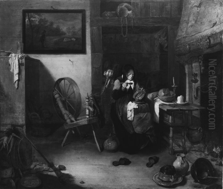 Alte Spinnerin bei der Mahlzeit Oil Painting by Quirijn van Brekelenkam