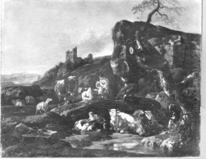 Italienische Berglandschaft mit Hirten und ruhender Viehherde