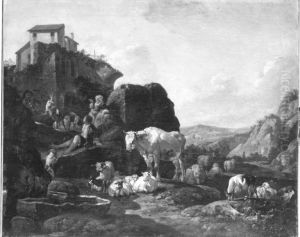Italienische Berglandschaft mit Hirten und Viehherde