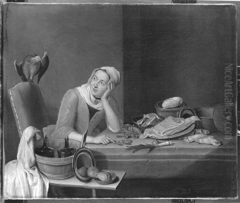 Kuchenstillleben mit geldzahlender weiblicher Figur und Papagei Oil Painting by Peter Jacob Horemans