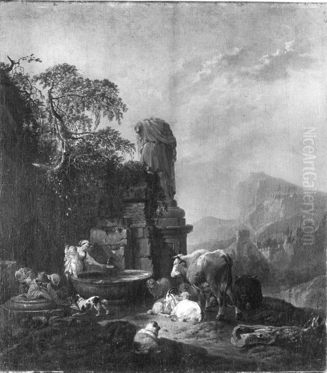 Hirtenfamilie und Herde am Brunnen Oil Painting by Johann Heinrich Roos