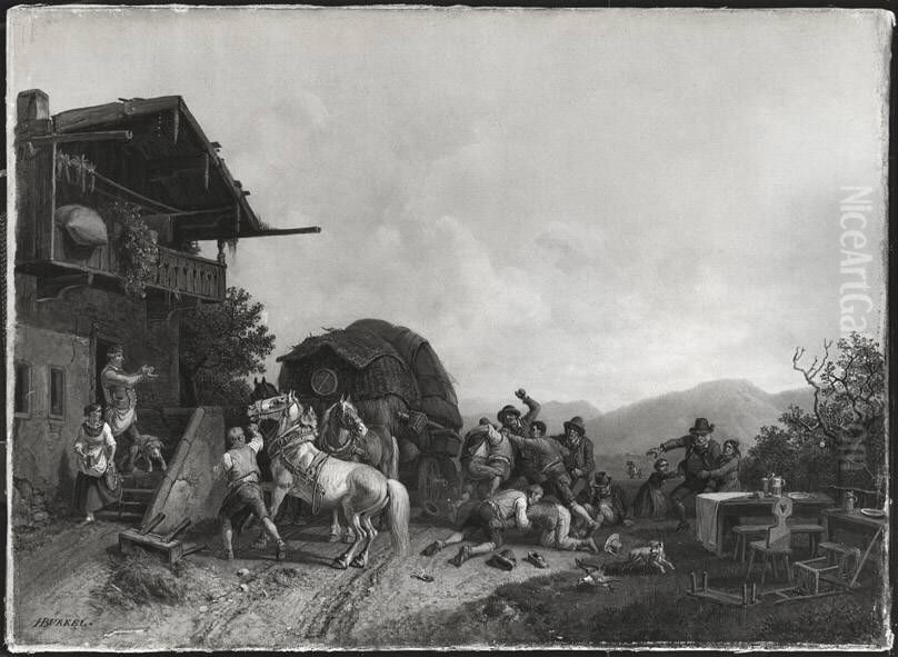 Rauferei vor der Schenke Oil Painting by Heinrich Burkel