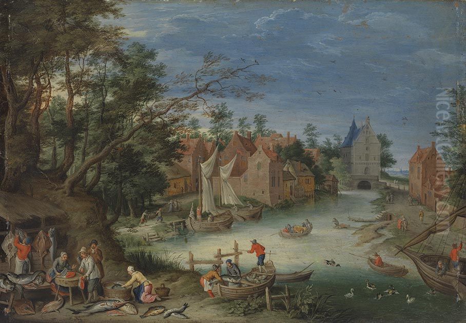 Fischverkauf am Ufer eines Kanals Oil Painting by Jan Brughel