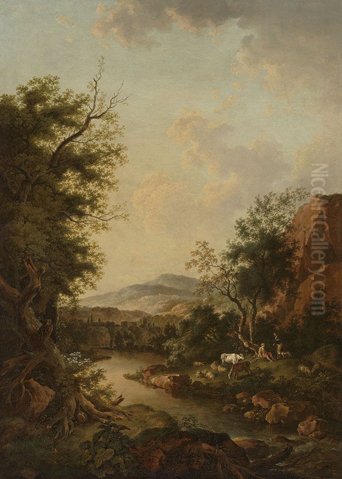 Flusslandschaft mit Hirten und ihrer Herde Oil Painting by Ferdinand Kobell