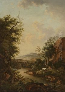 Flusslandschaft mit Hirten und ihrer Herde